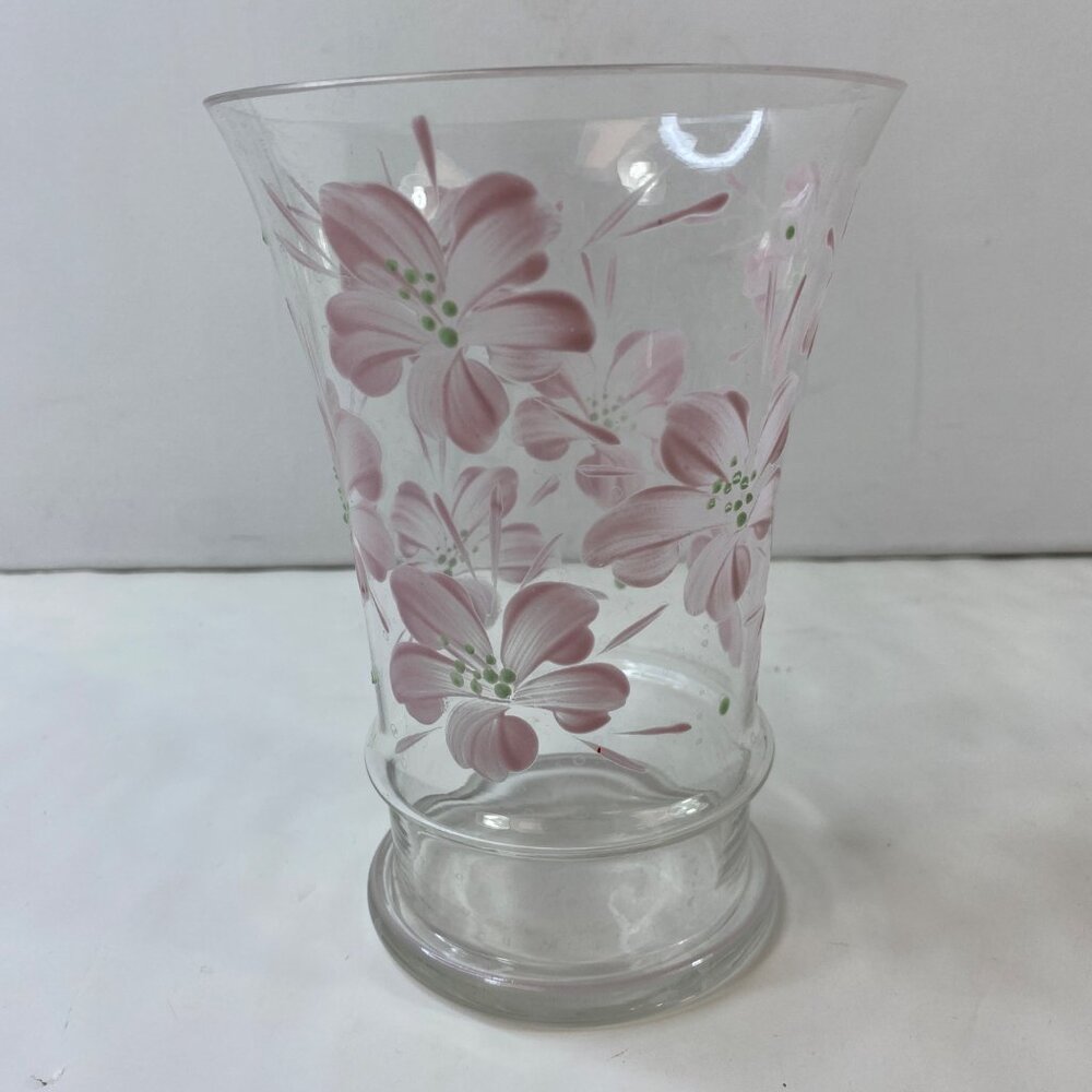 Clear Glass Pink Floral Decorative 6.5" Vase Flower Holder Home Decor Vintage